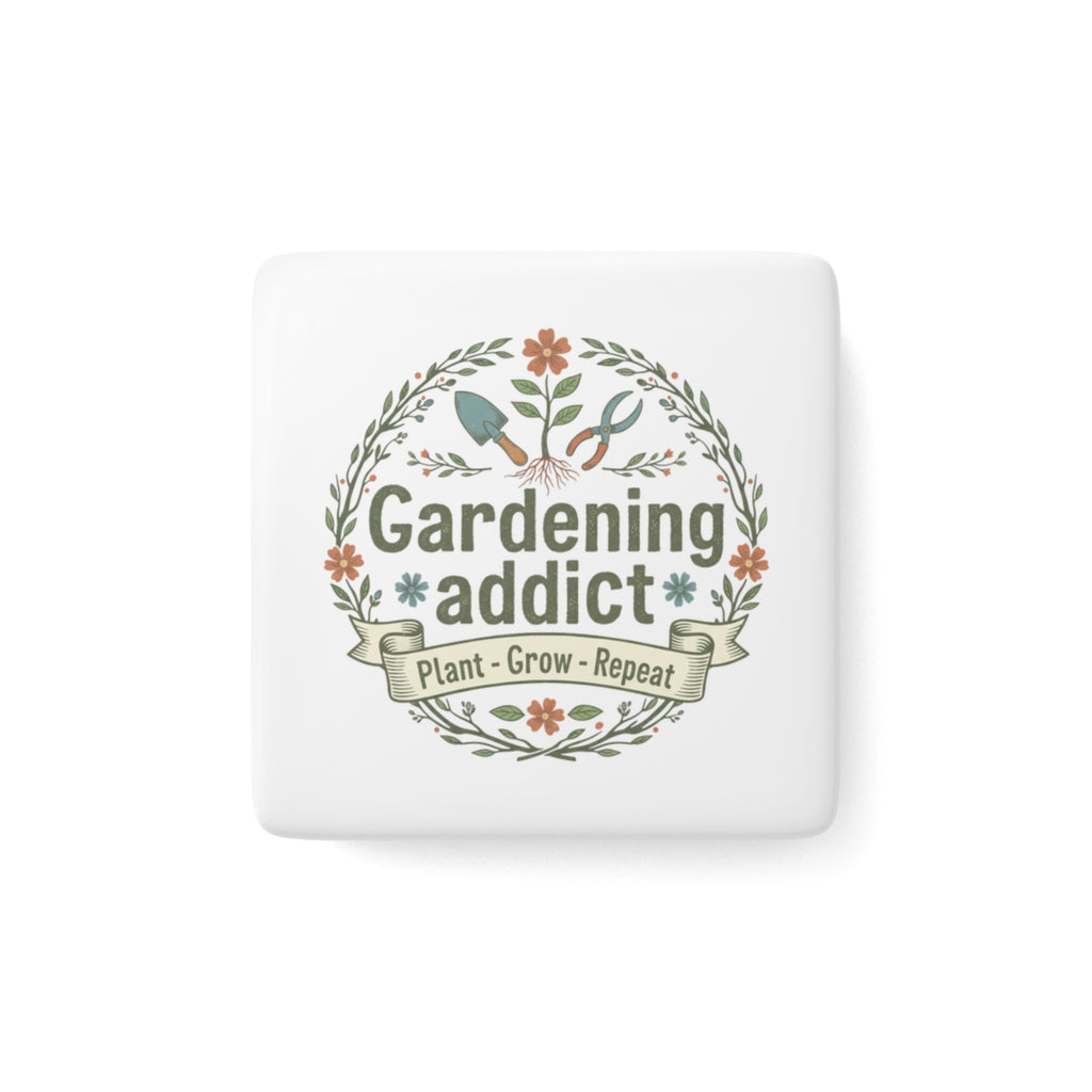 Gardening Addict Porcelain Magnet — 'Plant • Grow • Repeat' Floral Square Magnet