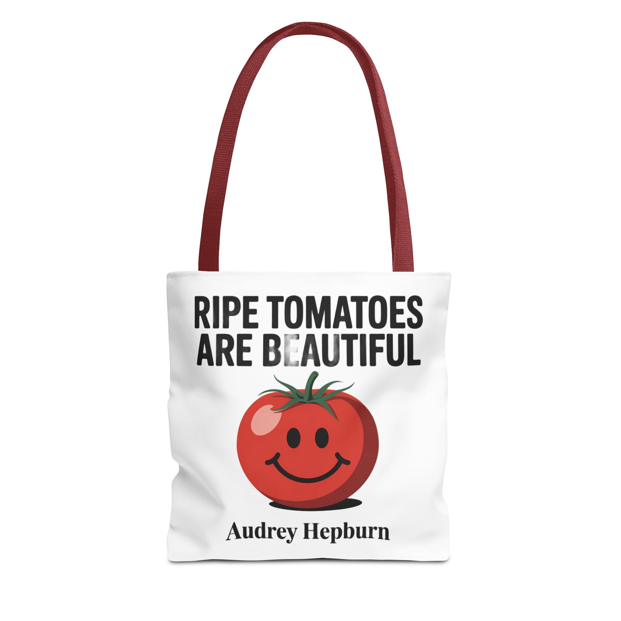 Tote Bag — "Ripe Tomatoes Are Beautiful" Audrey Hepburn Quote with Smiling Tomato Graphic