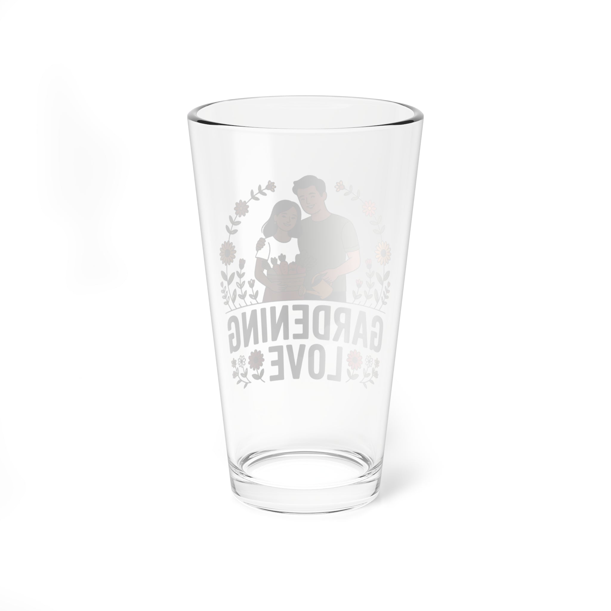 Gardening Love 16oz Mixing Glass – Floral Couple Illustration