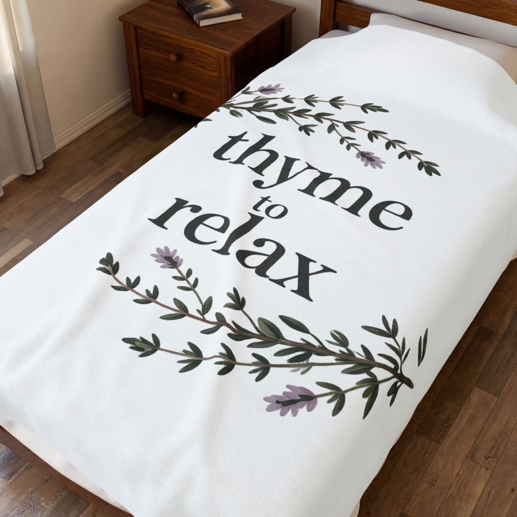 Velveteen Blanket — "Thyme to Relax" Floral Cozy Throw for Home, Spa & Self-Care Gifts