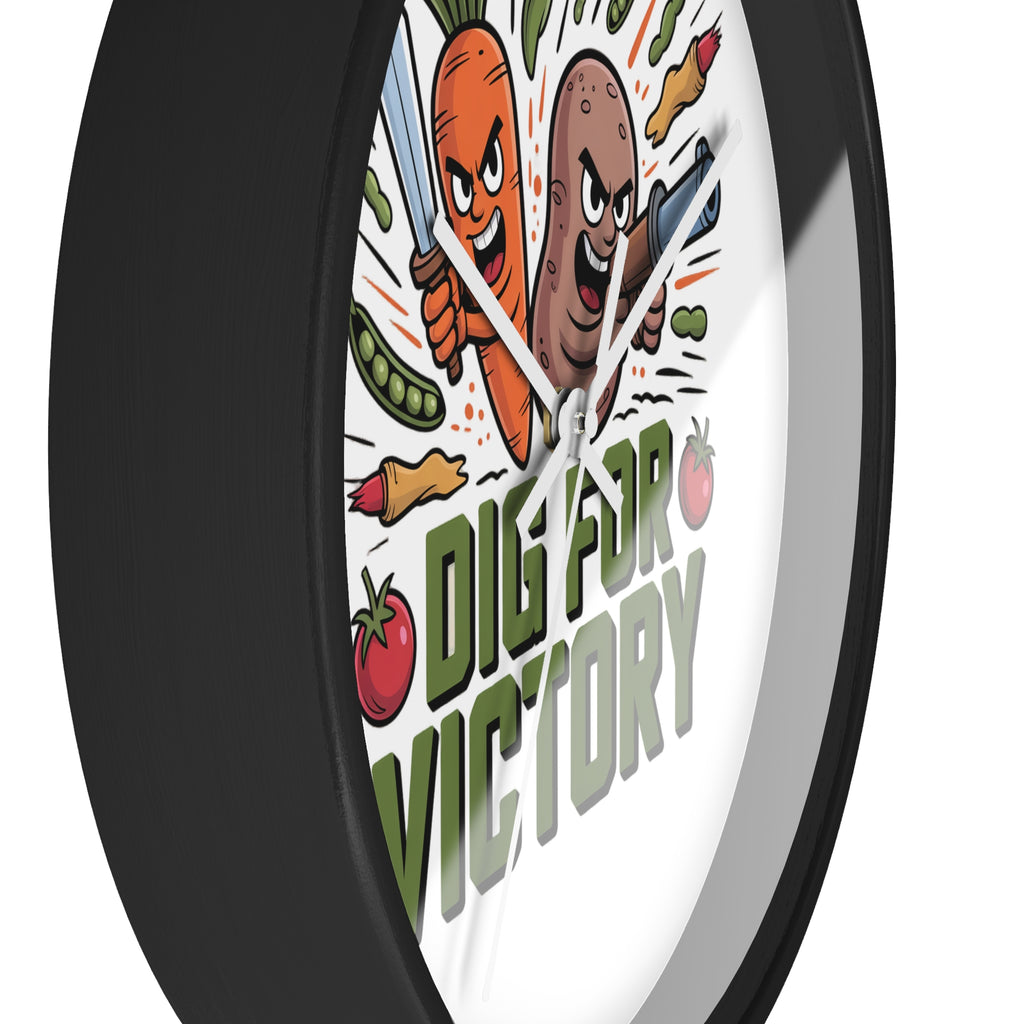 Dig For Victory Wall Clock — Funny Veggie Garden Clock with Carrot & Potato Illustration