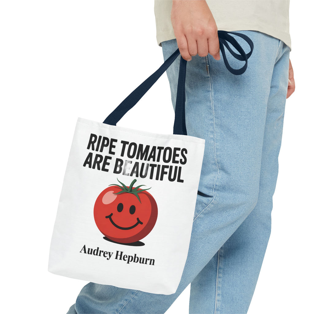 Tote Bag — "Ripe Tomatoes Are Beautiful" Audrey Hepburn Quote with Smiling Tomato Graphic