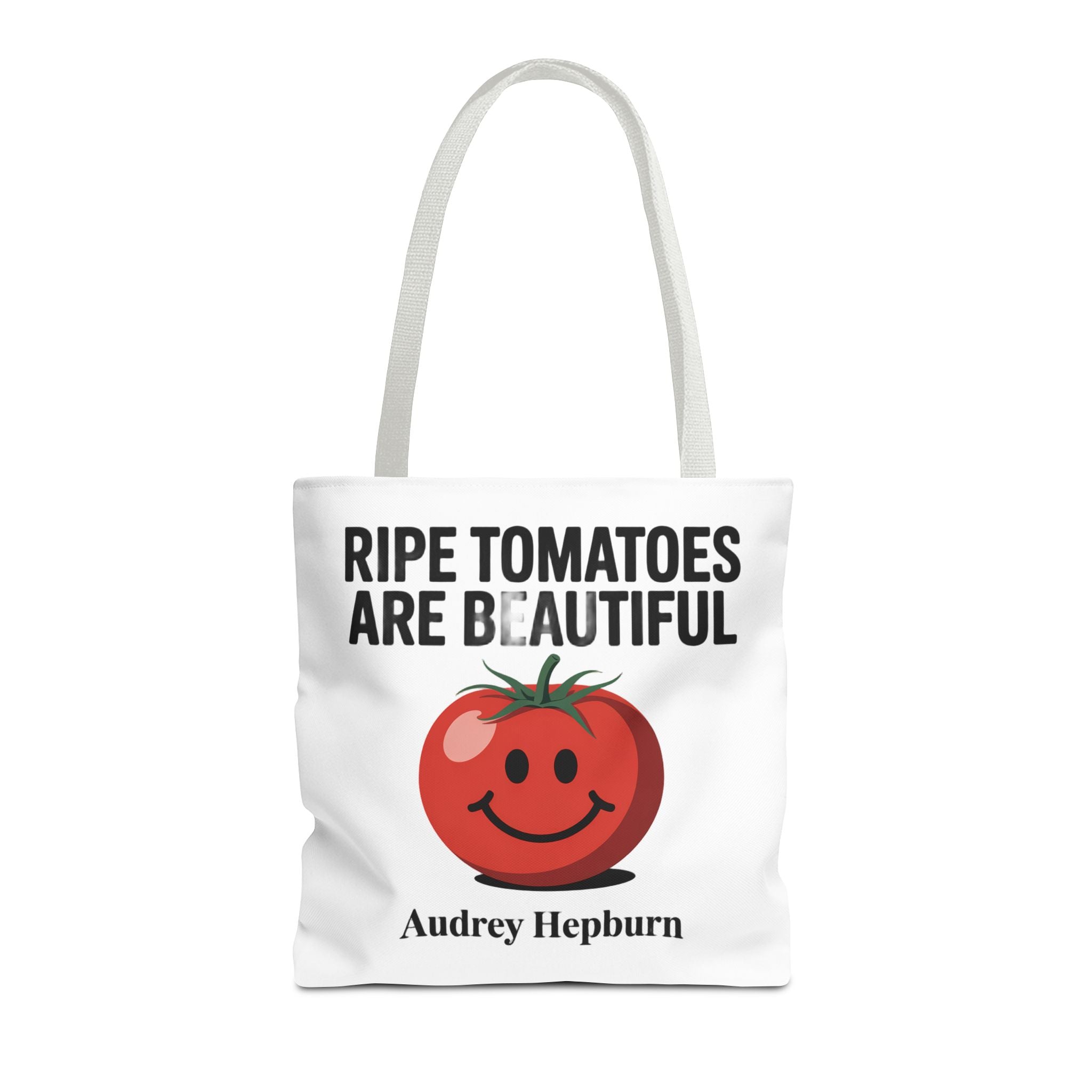 Tote Bag — "Ripe Tomatoes Are Beautiful" Audrey Hepburn Quote with Smiling Tomato Graphic