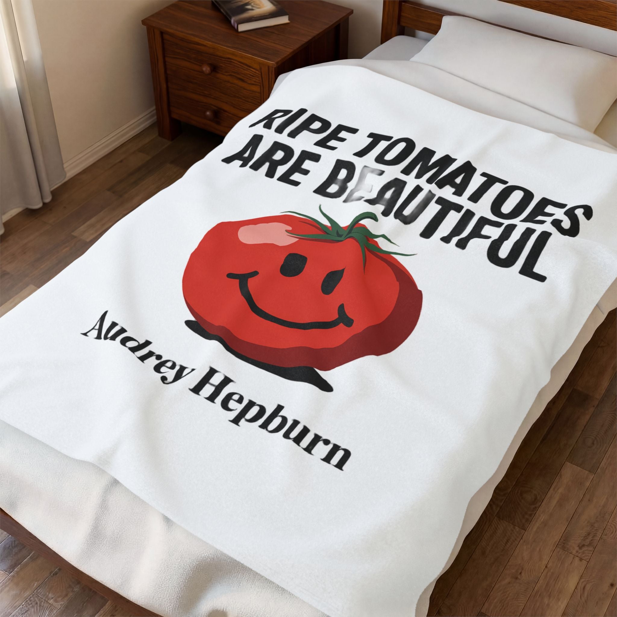 Velveteen Plush Blanket - "Ripe Tomatoes Are Beautiful" Audrey Hepburn Quote with Smiling Tomato — Cozy Kitchen Throw Gift