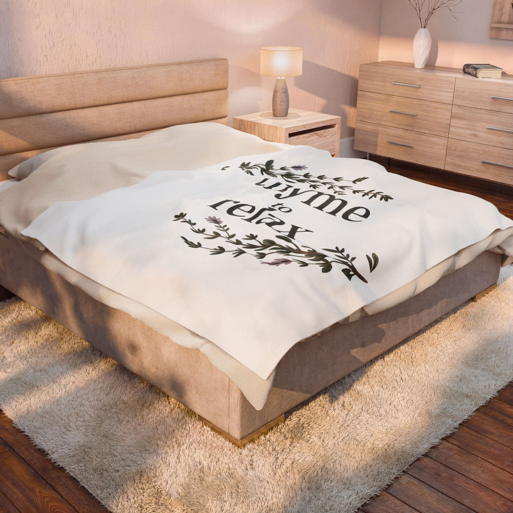 Velveteen Blanket — "Thyme to Relax" Floral Cozy Throw for Home, Spa & Self-Care Gifts