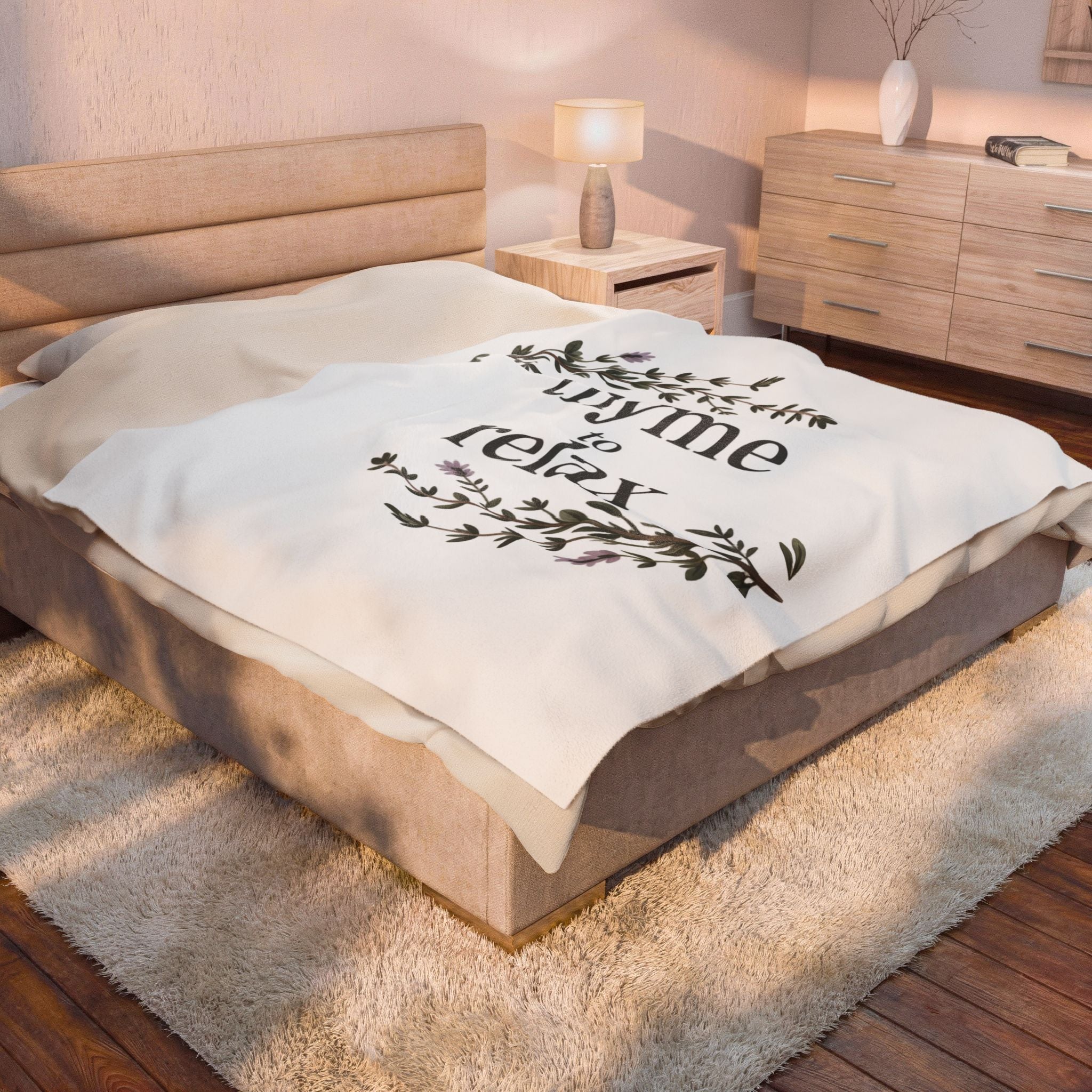 Velveteen Blanket — "Thyme to Relax" Floral Cozy Throw for Home, Spa & Self-Care Gifts
