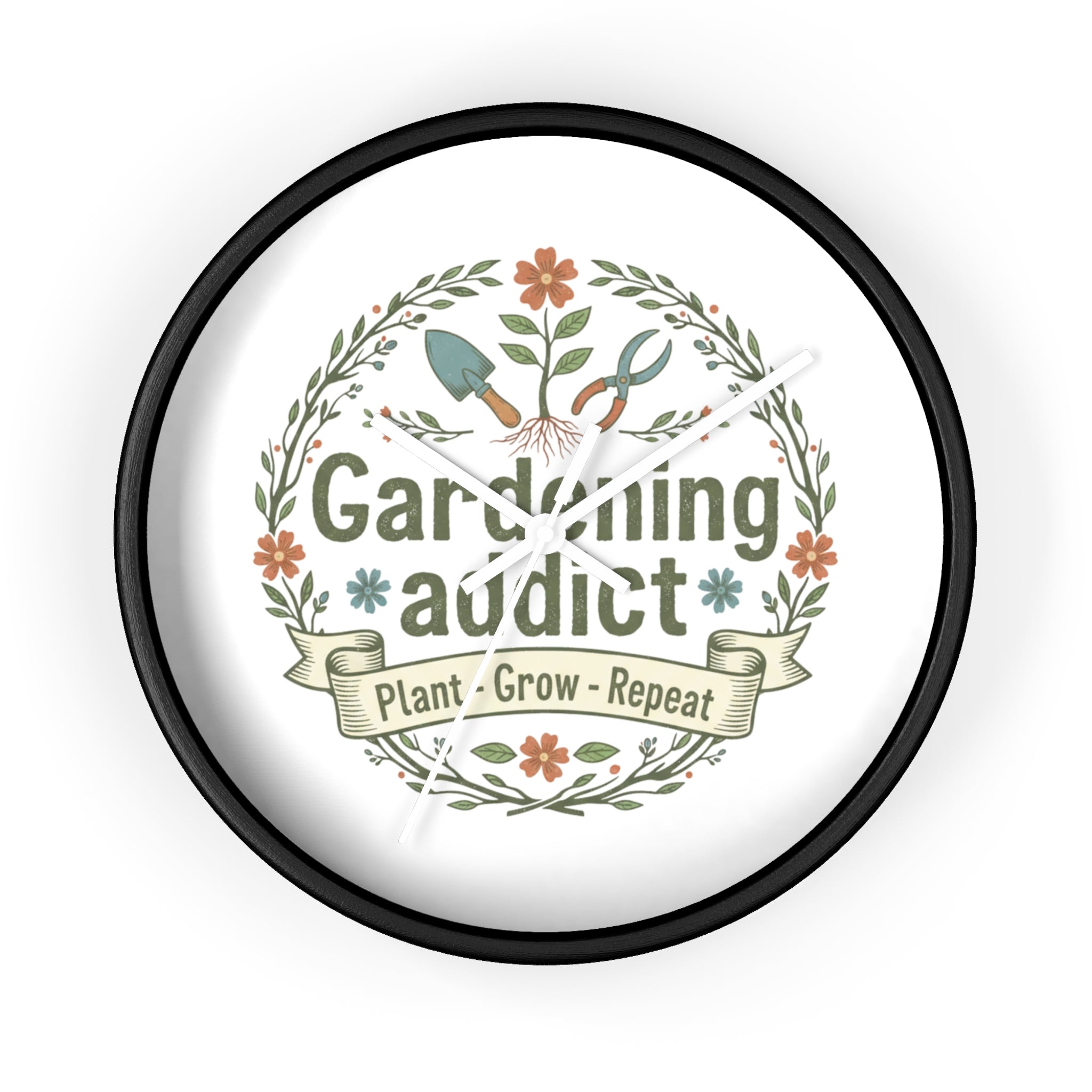 Gardening Addict Wall Clock — Plant • Grow • Repeat Decorative Garden Clock