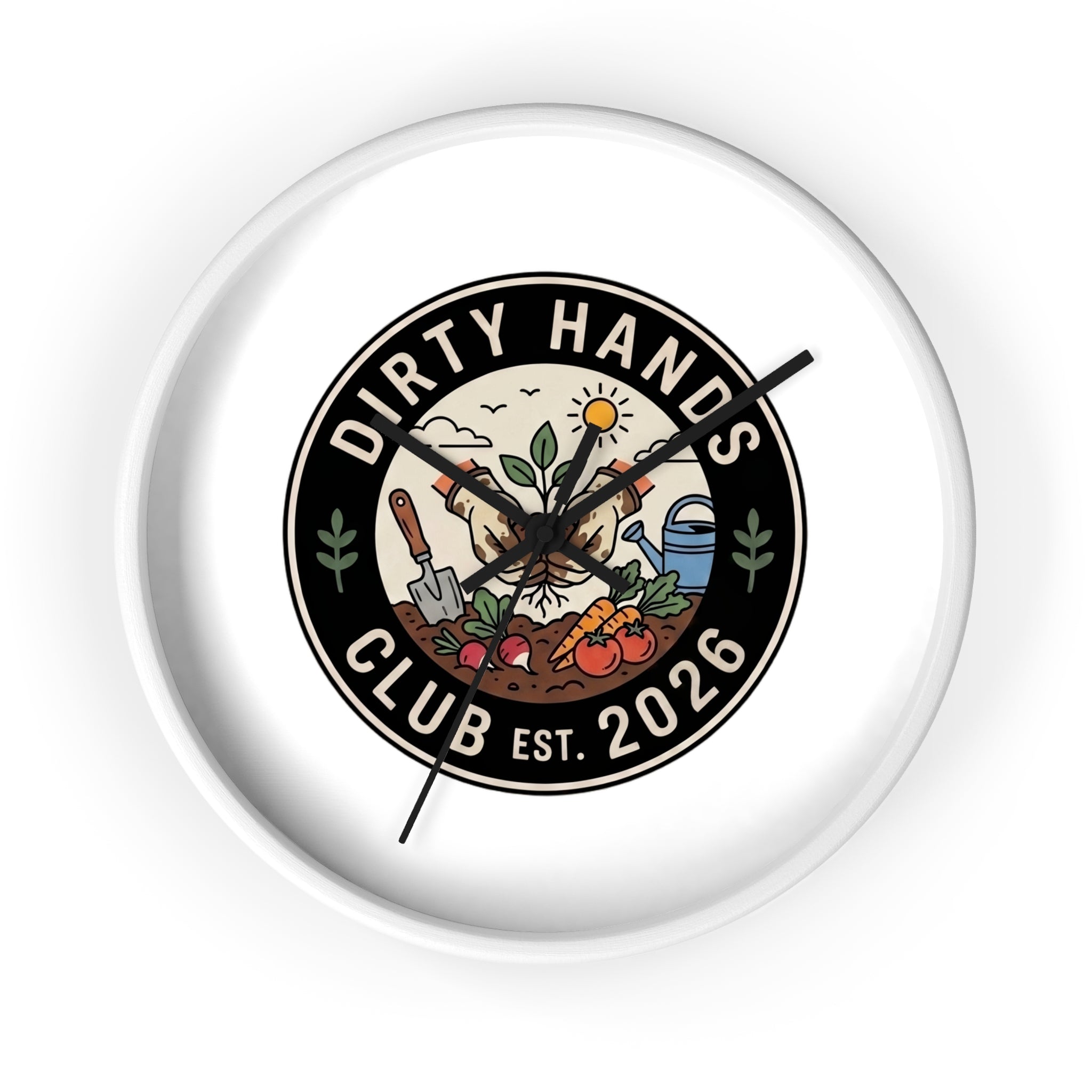 Dirty Hands Club Wall Clock — Gardening Decor, Established 2026