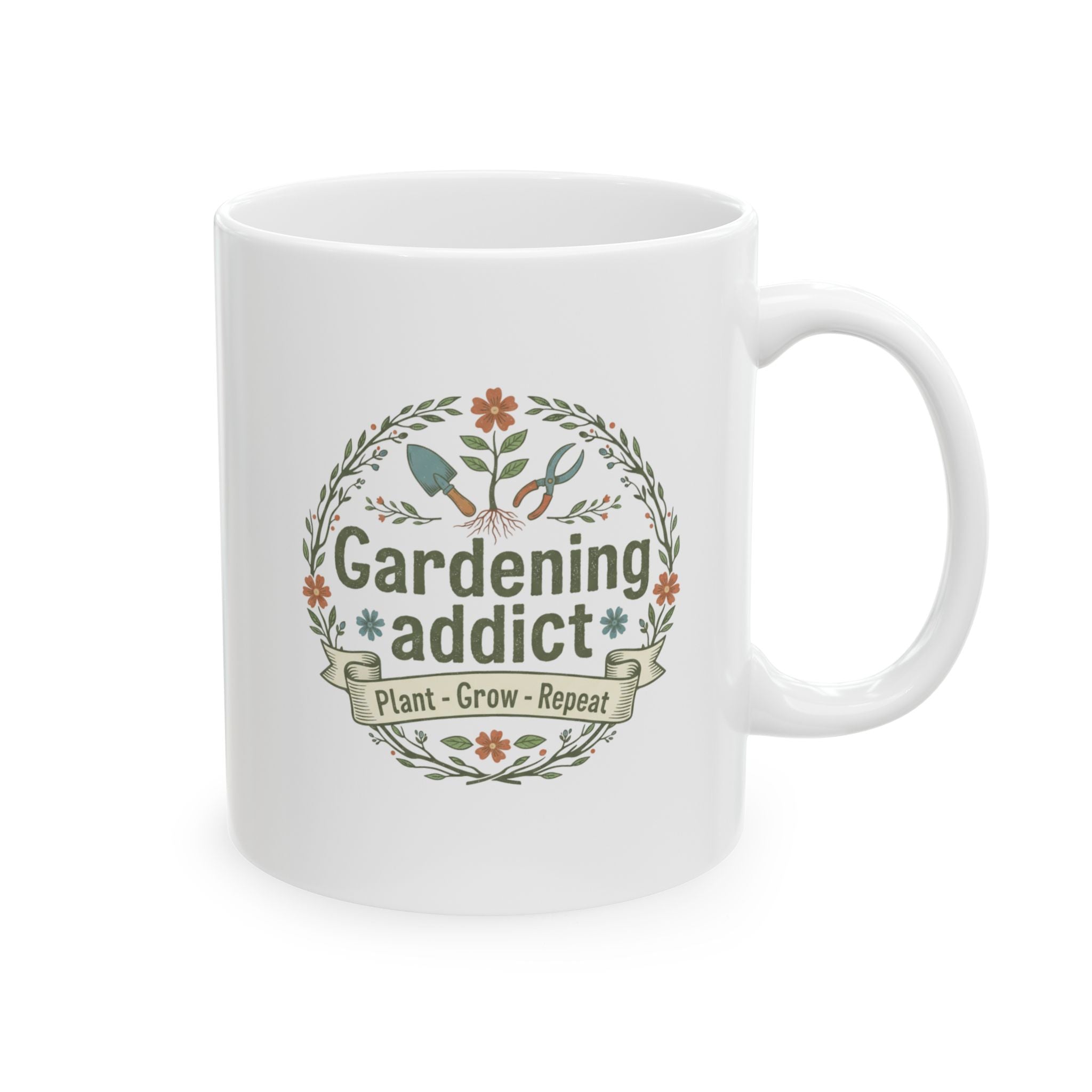 Gardening Addict Ceramic Mug — Floral Design with Garden Tools (11oz & 15oz)