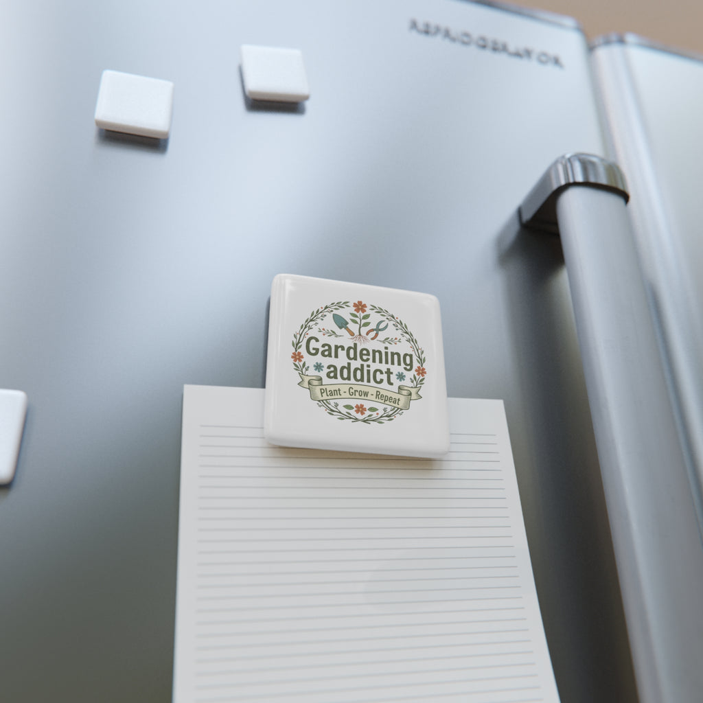 Gardening Addict Porcelain Magnet — 'Plant • Grow • Repeat' Floral Square Magnet