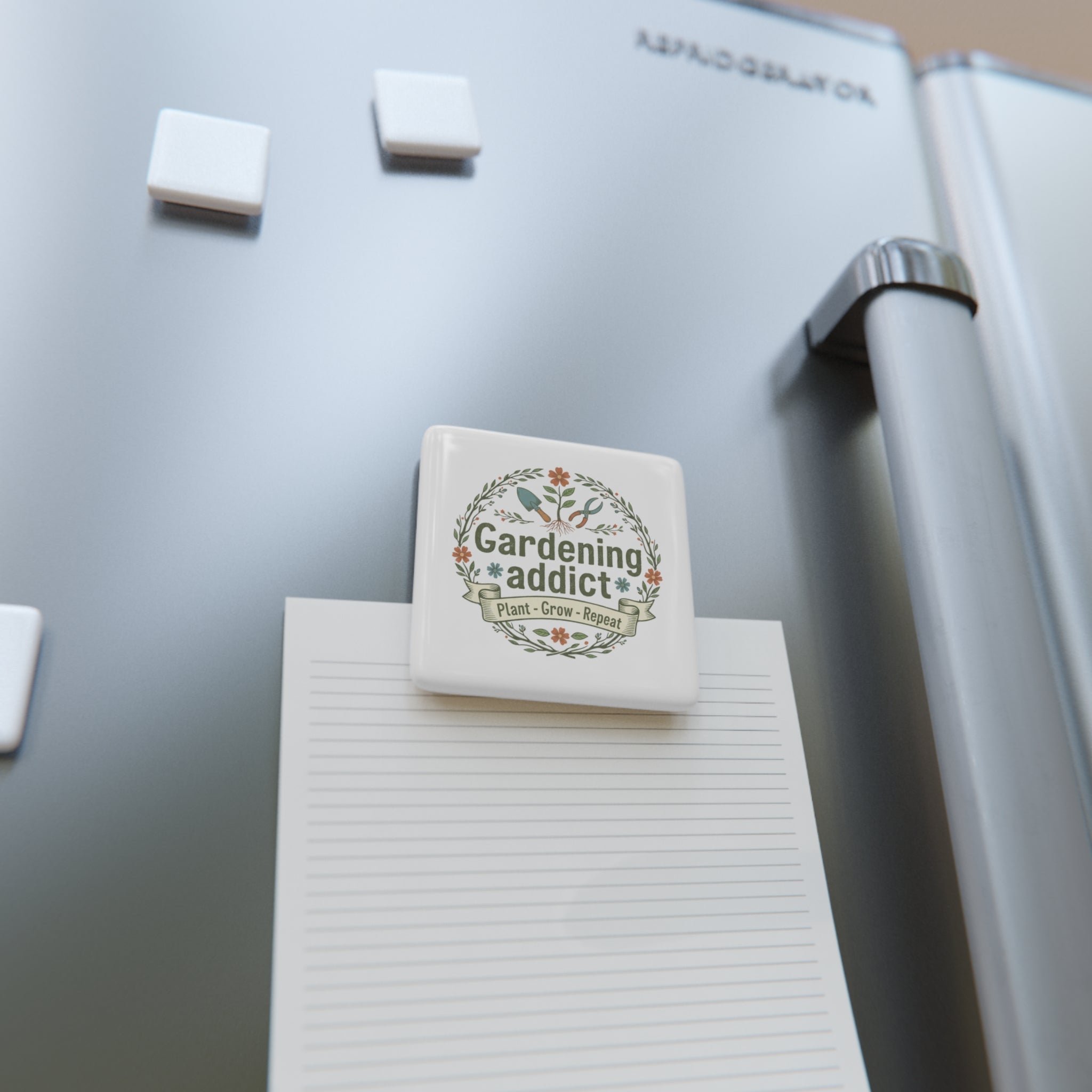 Gardening Addict Porcelain Magnet — 'Plant • Grow • Repeat' Floral Square Magnet