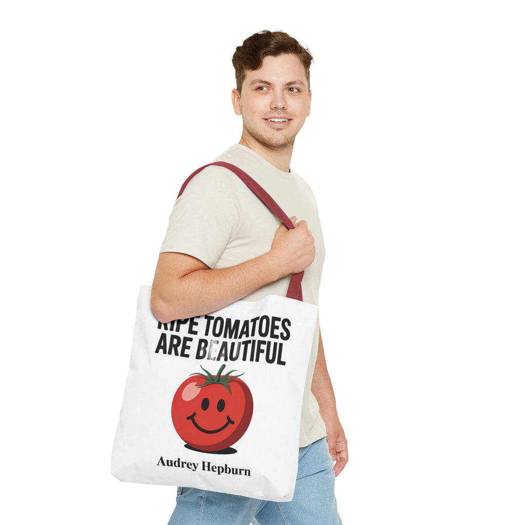 Tote Bag — "Ripe Tomatoes Are Beautiful" Audrey Hepburn Quote with Smiling Tomato Graphic