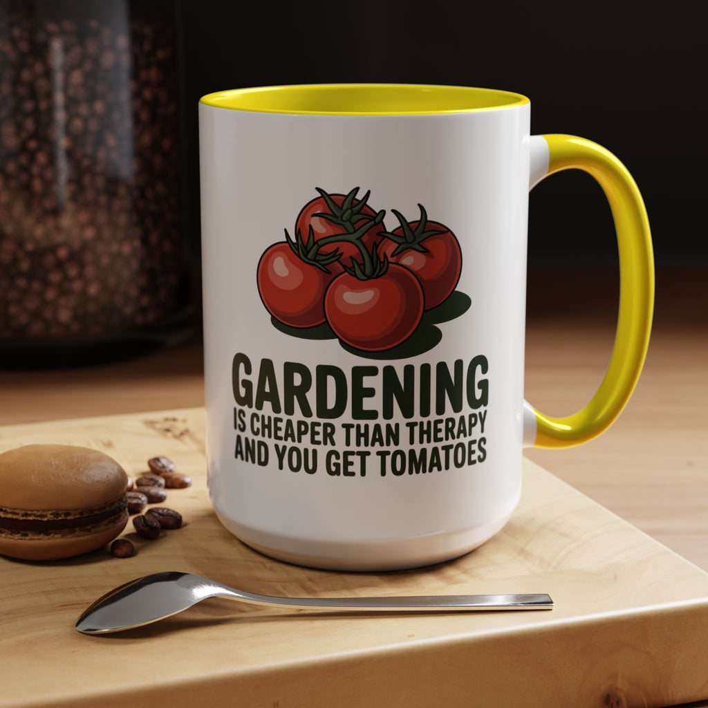 Gardening Coffee Mug – “Gardening Is Cheaper Than Therapy and You Get Tomatoes” Accent Mug
