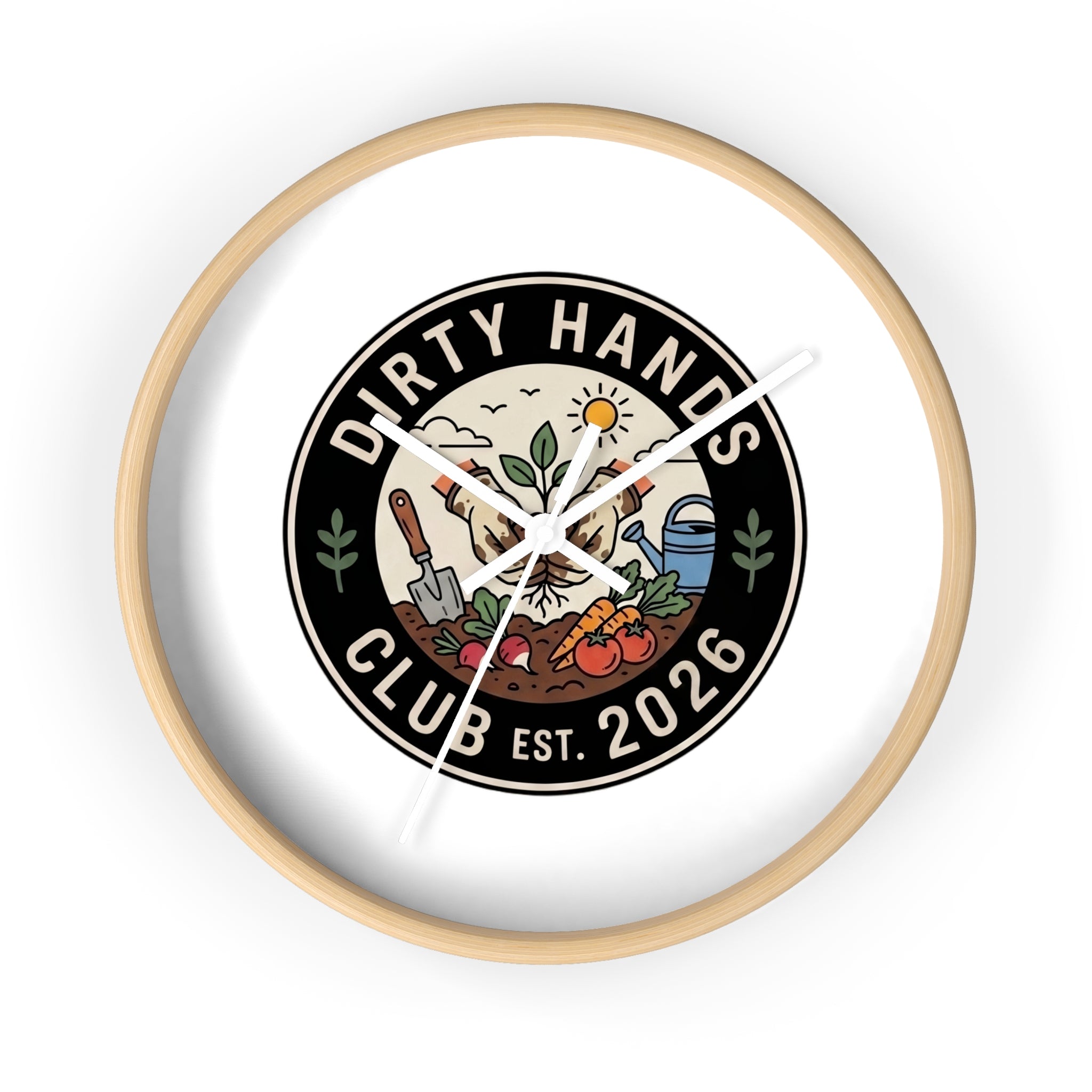 Dirty Hands Club Wall Clock — Gardening Decor, Established 2026