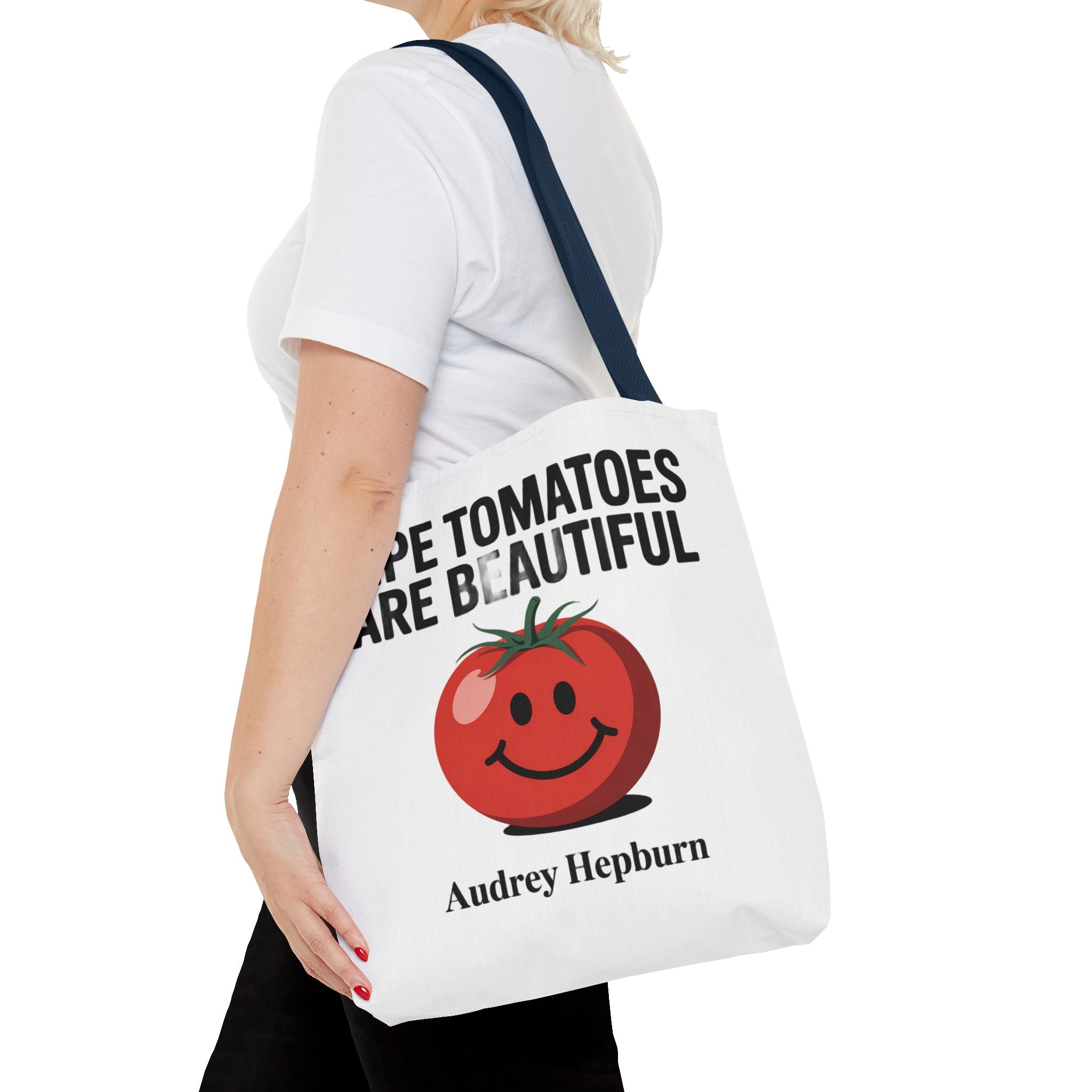 Tote Bag — "Ripe Tomatoes Are Beautiful" Audrey Hepburn Quote with Smiling Tomato Graphic