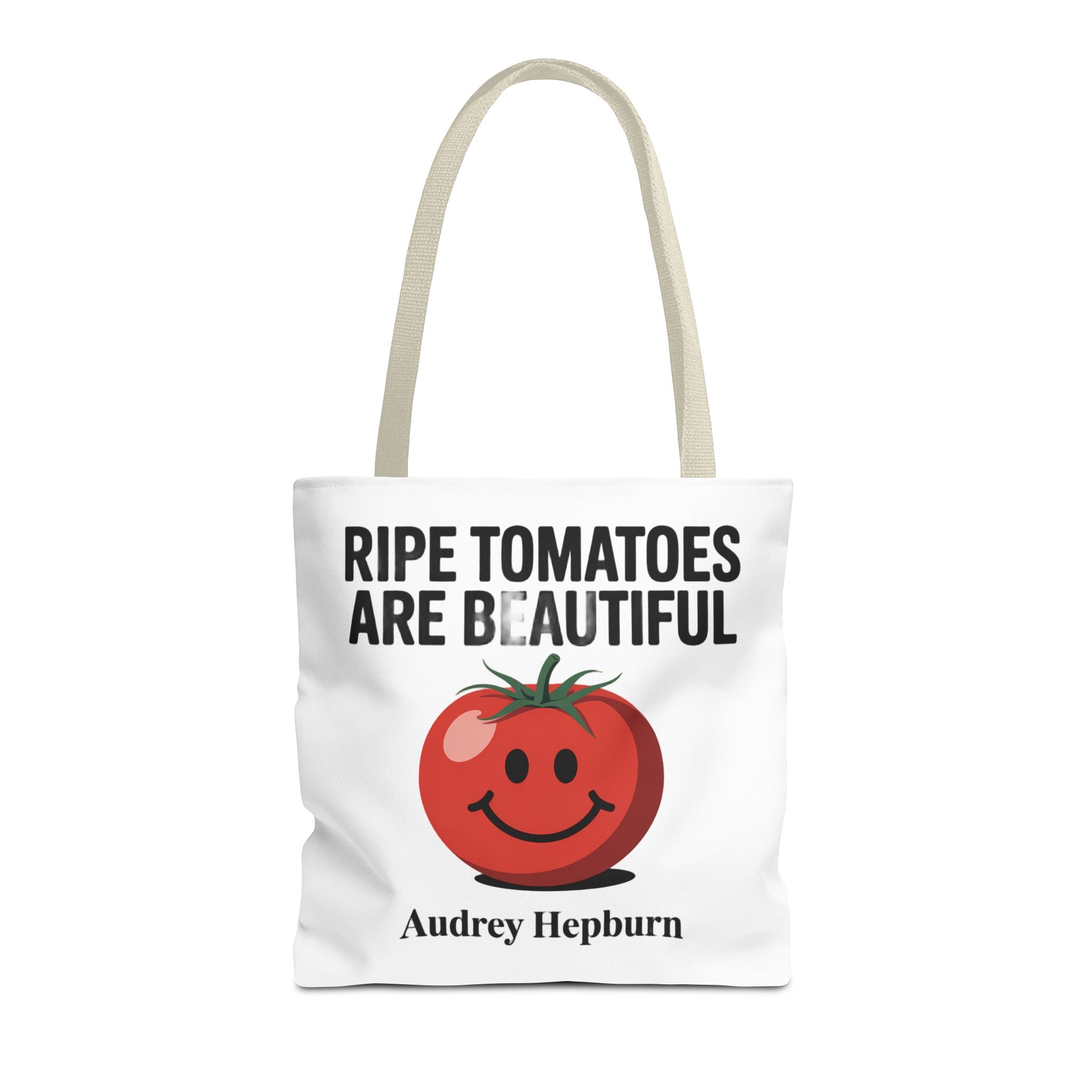 Tote Bag — "Ripe Tomatoes Are Beautiful" Audrey Hepburn Quote with Smiling Tomato Graphic