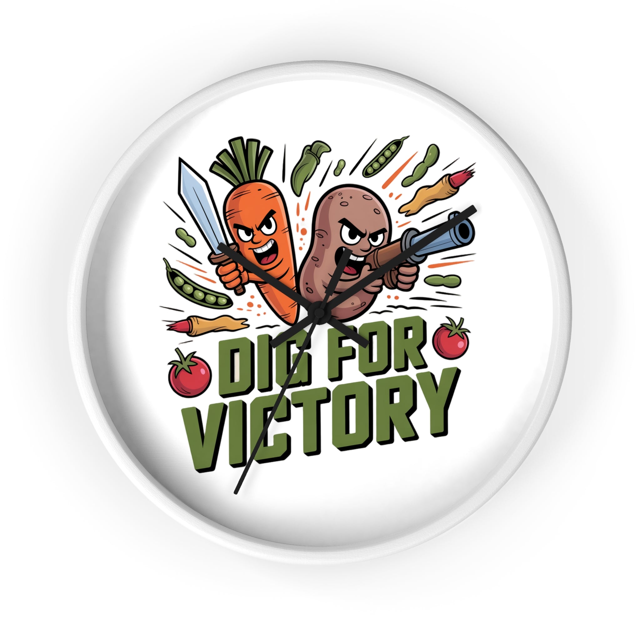 Dig For Victory Wall Clock — Funny Veggie Garden Clock with Carrot & Potato Illustration