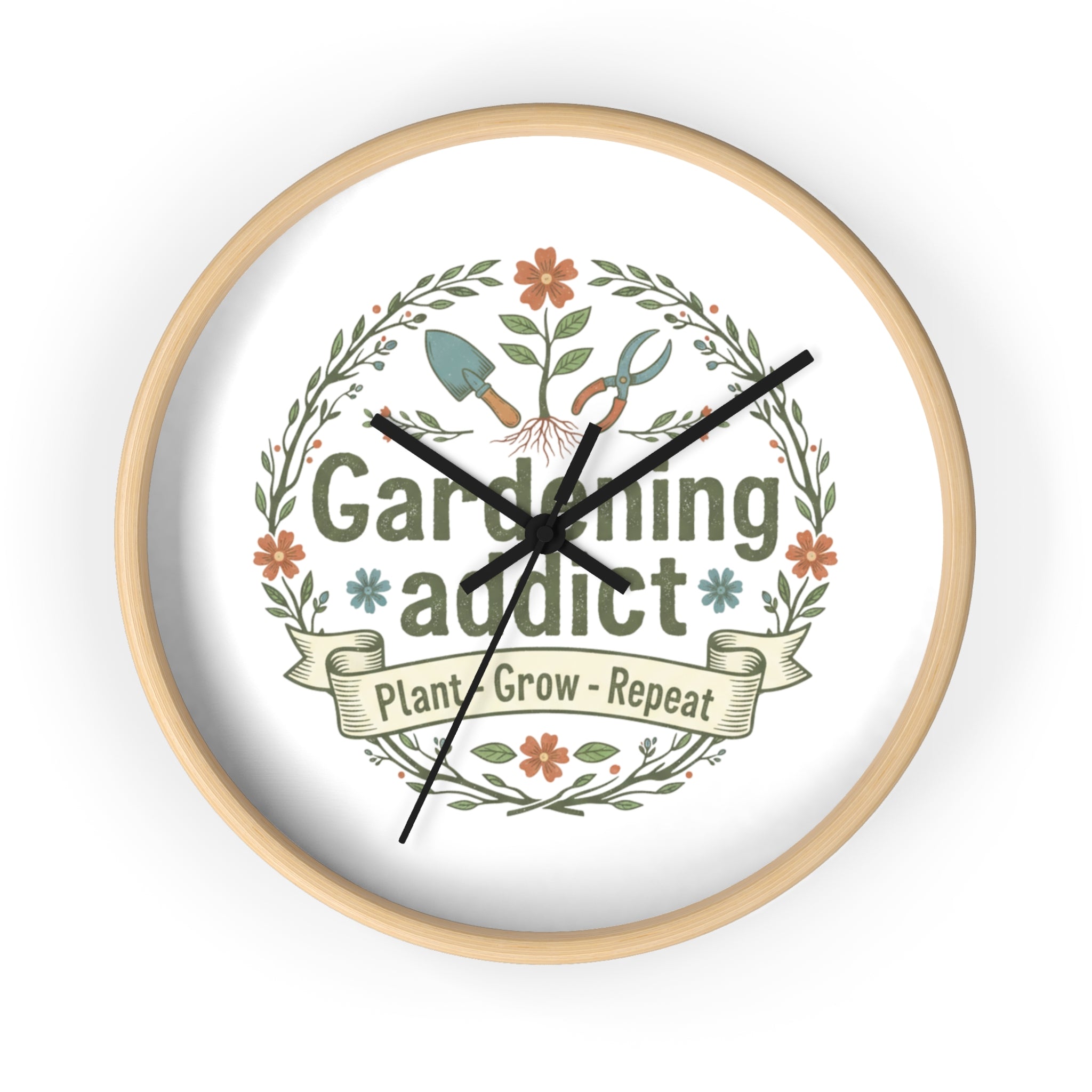 Gardening Addict Wall Clock — Plant • Grow • Repeat Decorative Garden Clock