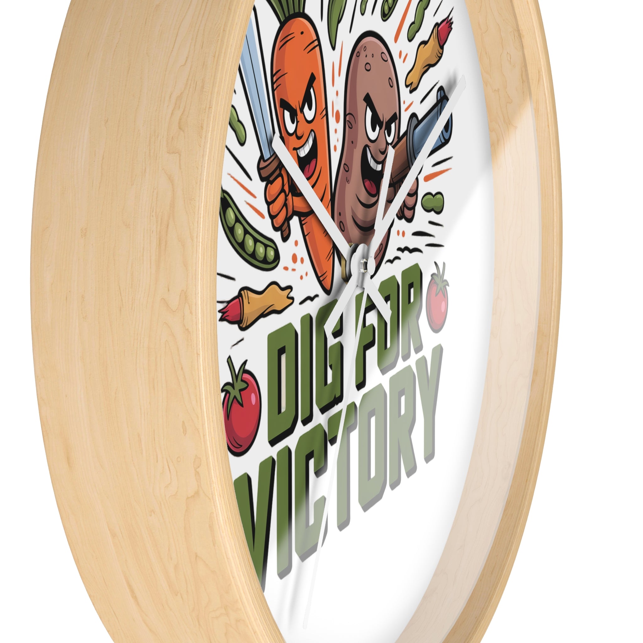 Dig For Victory Wall Clock — Funny Veggie Garden Clock with Carrot & Potato Illustration